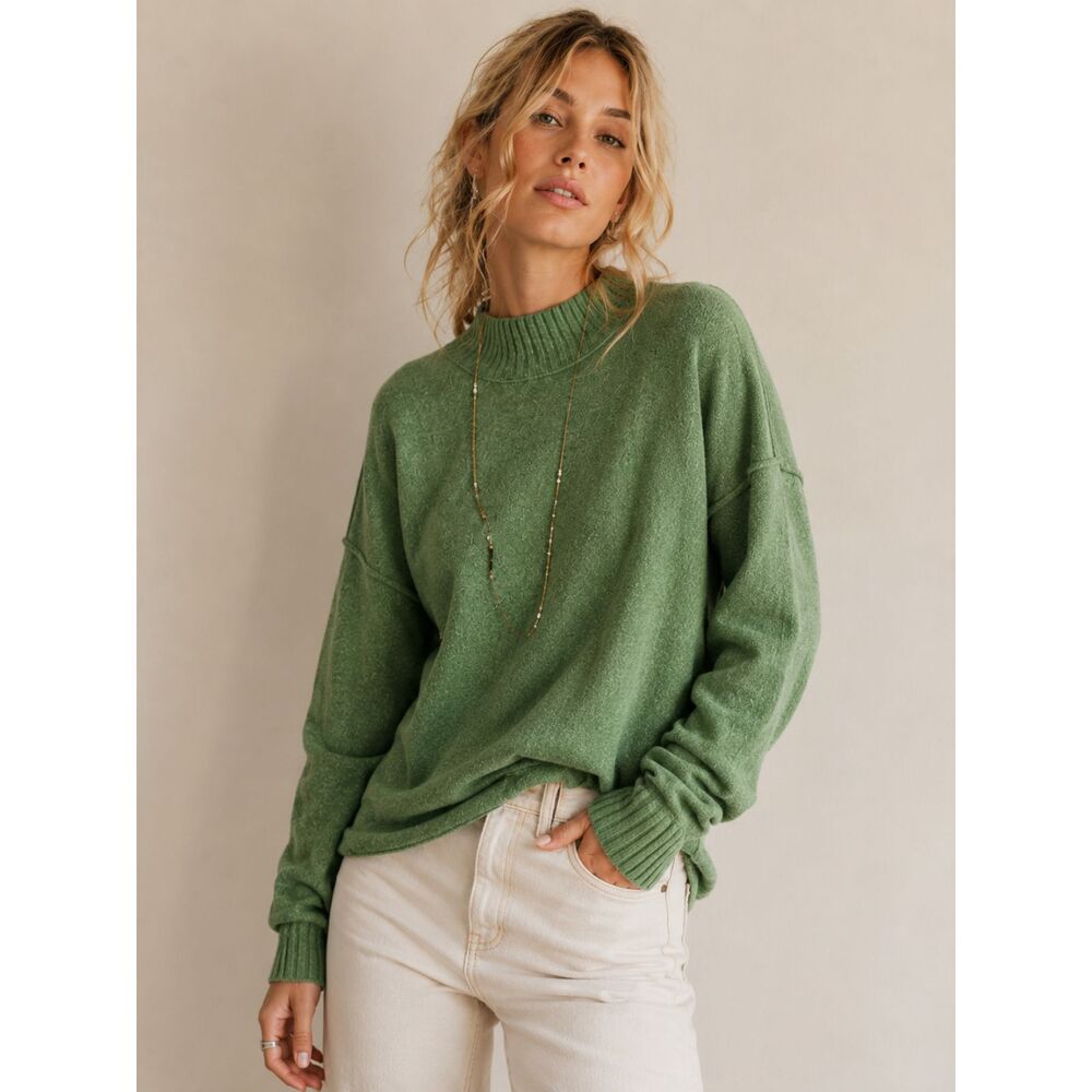 Free People Green Mock Neck Sweater XS Oversized Knit High Low Hem Side Slits